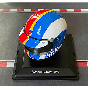 Mini capacete à escala 1/5 da Spark do piloto François Cevert referente à época de F1 de 1973