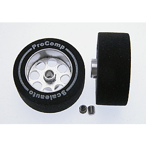 Roda de espuma Procomp para eixo 3mm da Scaleauto com as dimensões 25.5x11mm. Jante ø17mm