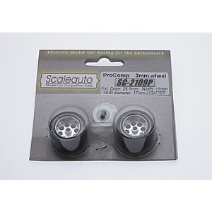 Roda de espuma Procomp para eixo 3mm da Scaleauto com as dimensões 25.5x11mm. Jante ø17mm