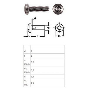 Parafusos Torx T6 M2 x 8mm da SC1978 de cabeça de queijo